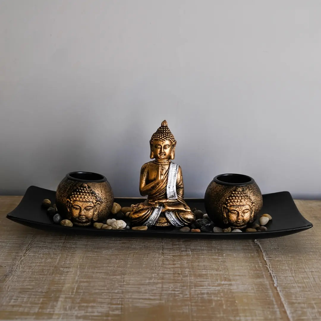 Zen Style Buddha Statue Candle Holder Tray - Polished Wooden Finish