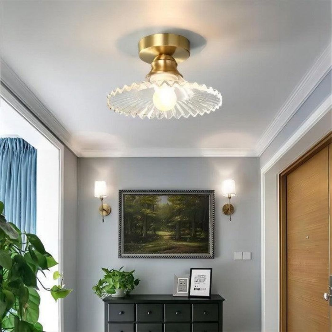 Vintage Petal Ceiling Light - Clear Ribbed Glass Elegance with Luxe Brass Finish