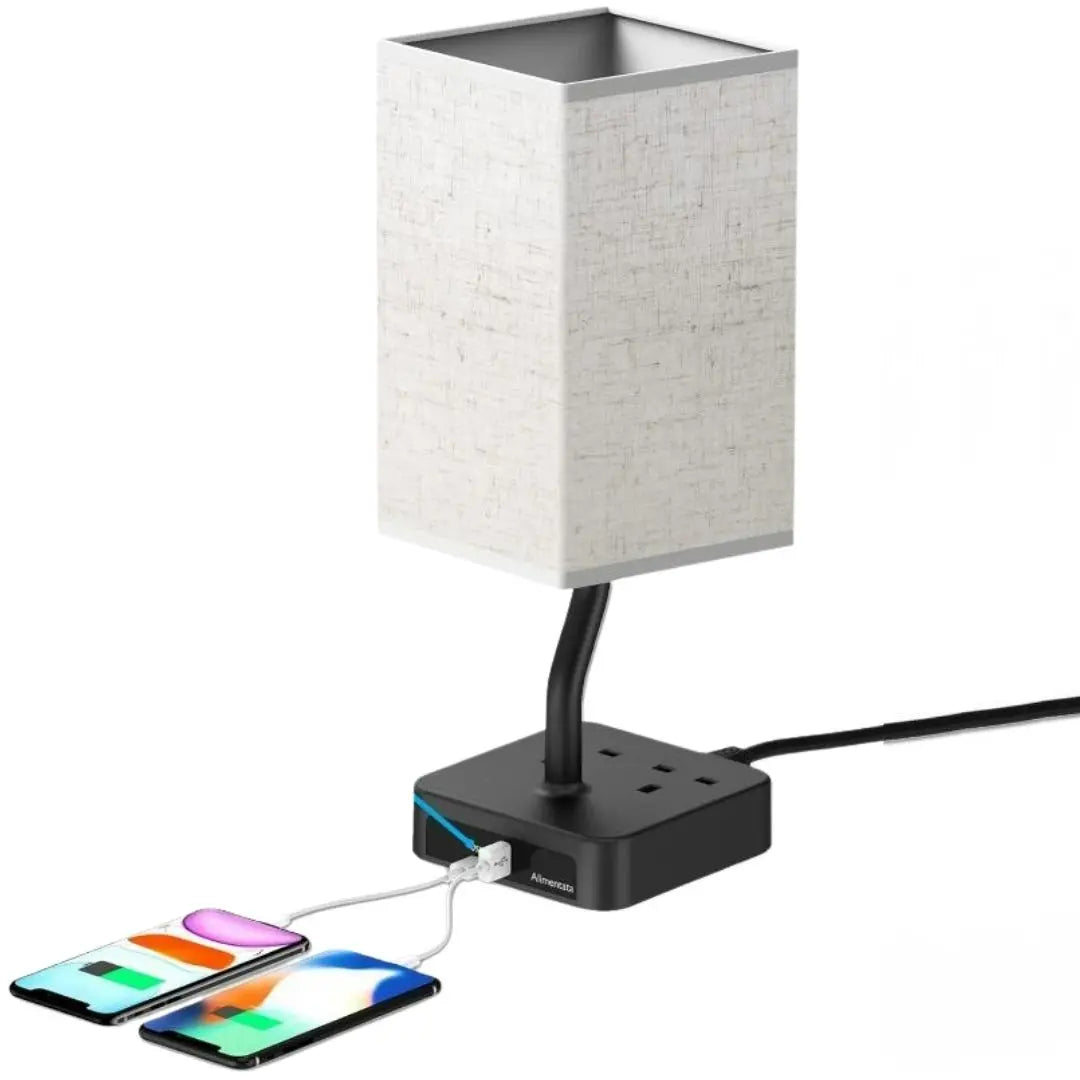 Black Fabric Bedside Lamp - Touch Control with USB A+C Ports and Power Outlets