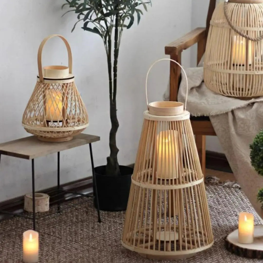 Rattan Lantern Candle Lights - Rustic Weave Charm with a Flameless Glow