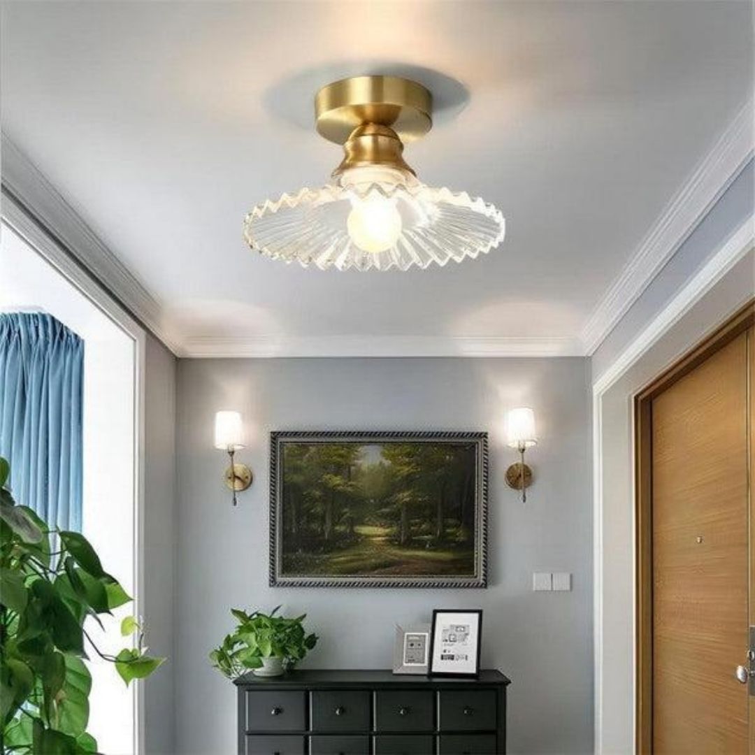 Vintage Petal Ceiling Light - Clear Ribbed Glass Elegance with Luxe Brass Finish