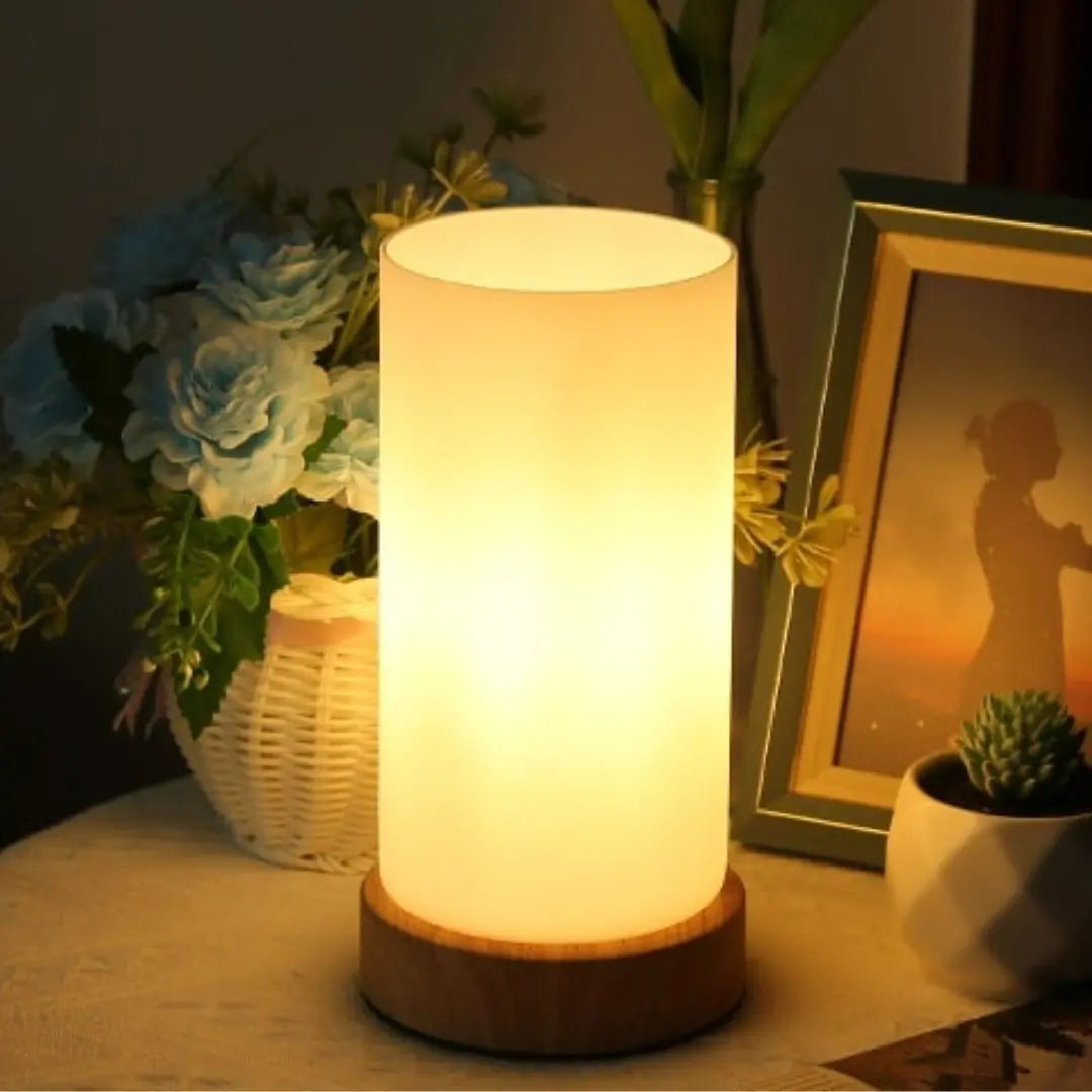 Warm Glass Bedside Lamp - 3-Way Dimmable with Wooden Base