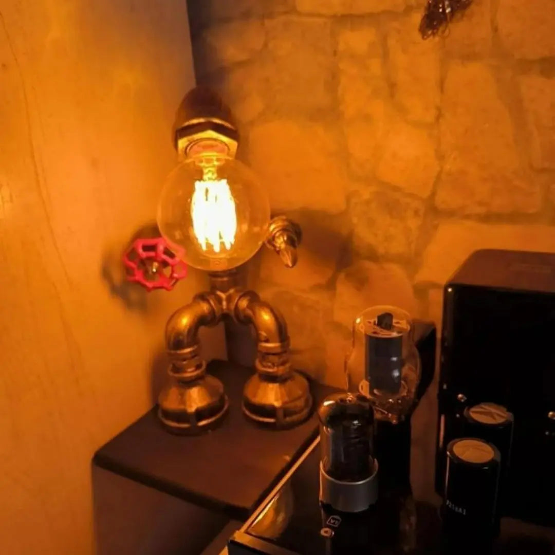 Steampunk Robot Pipe Table Lamp - Vintage Industrial Iron with E27 Bulb Socket