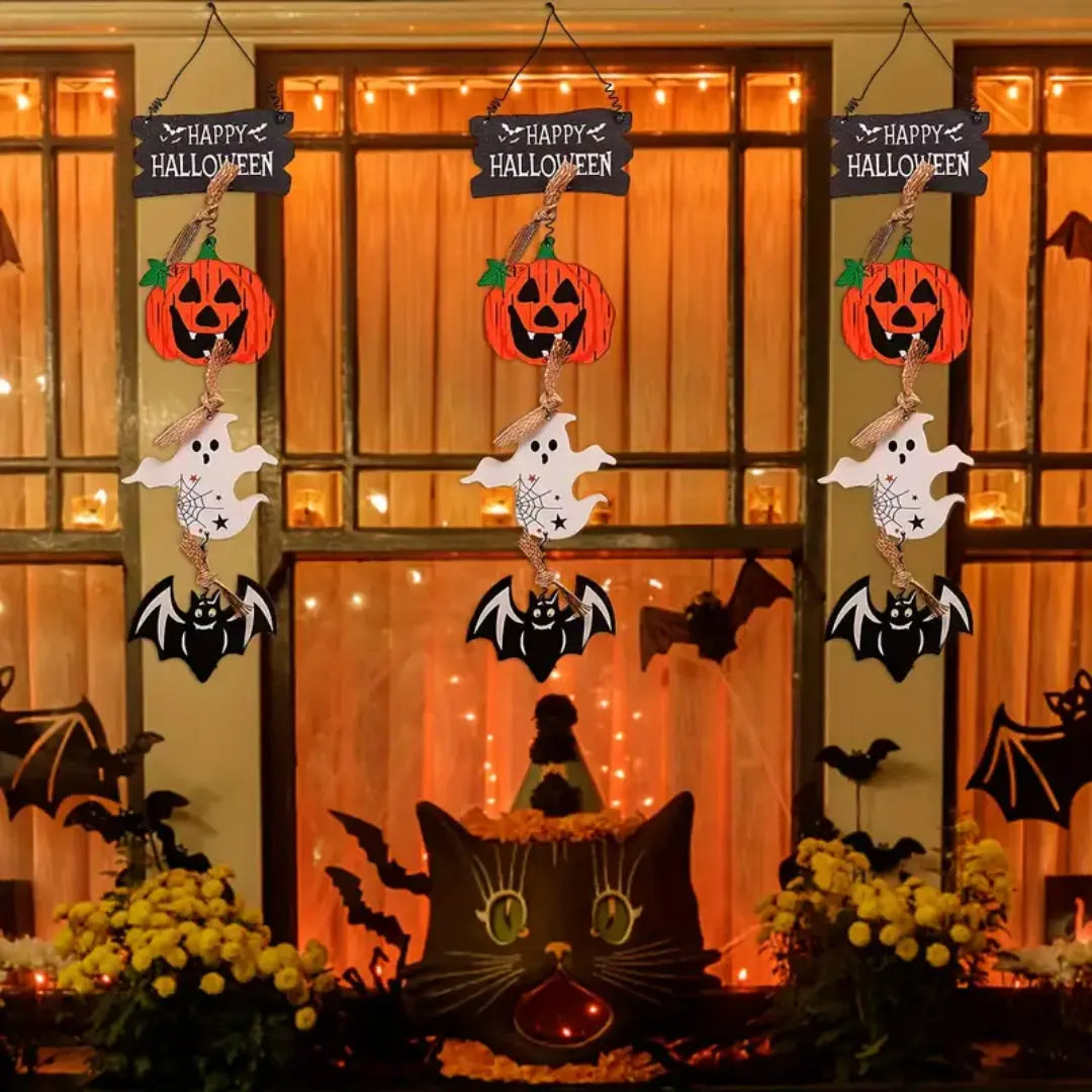Wooden Halloween Hanging Decoration - Pumpkin, Ghost & Bat