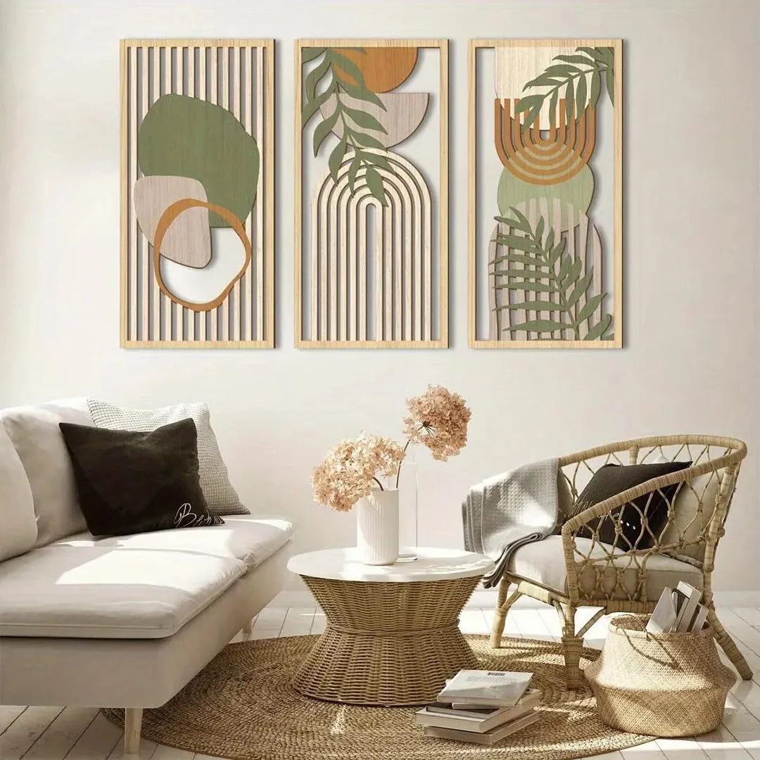 3 Piece Sage Green Abstract Wooden Wall Art