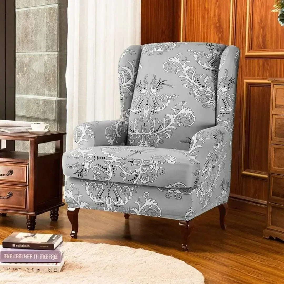 Velora 2-Piece Wingback Chair Covers - Stretch Jacquard Slipcover with Cushion Cover