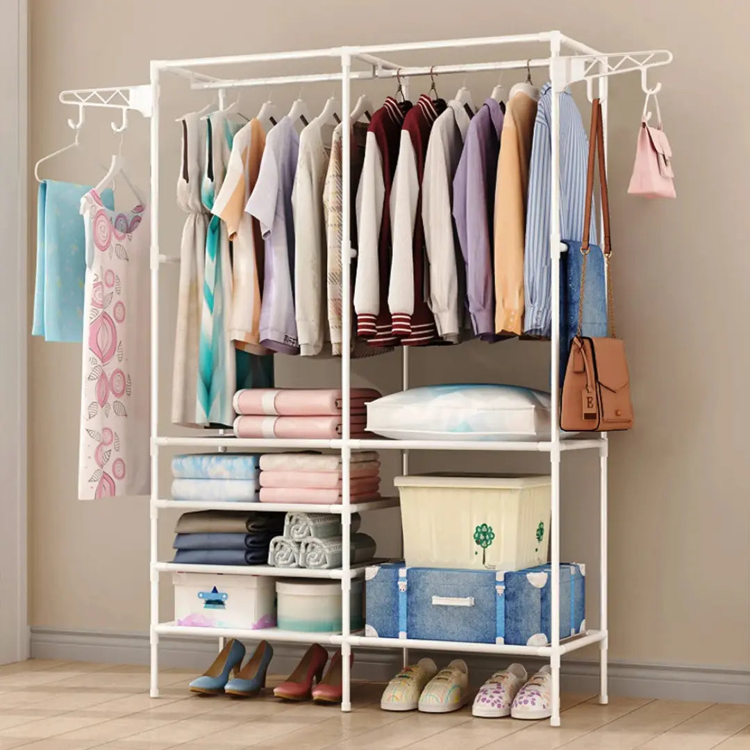 Double Row Clothes Rack with Shoe Shelf & Rotating Hooks