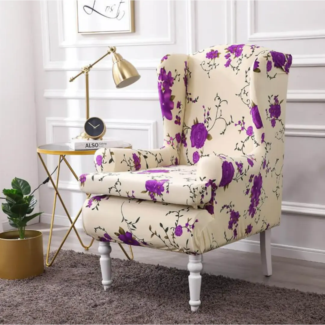 Velora 2-Piece Wingback Chair Covers - Stretch Jacquard Slipcover with Cushion Cover