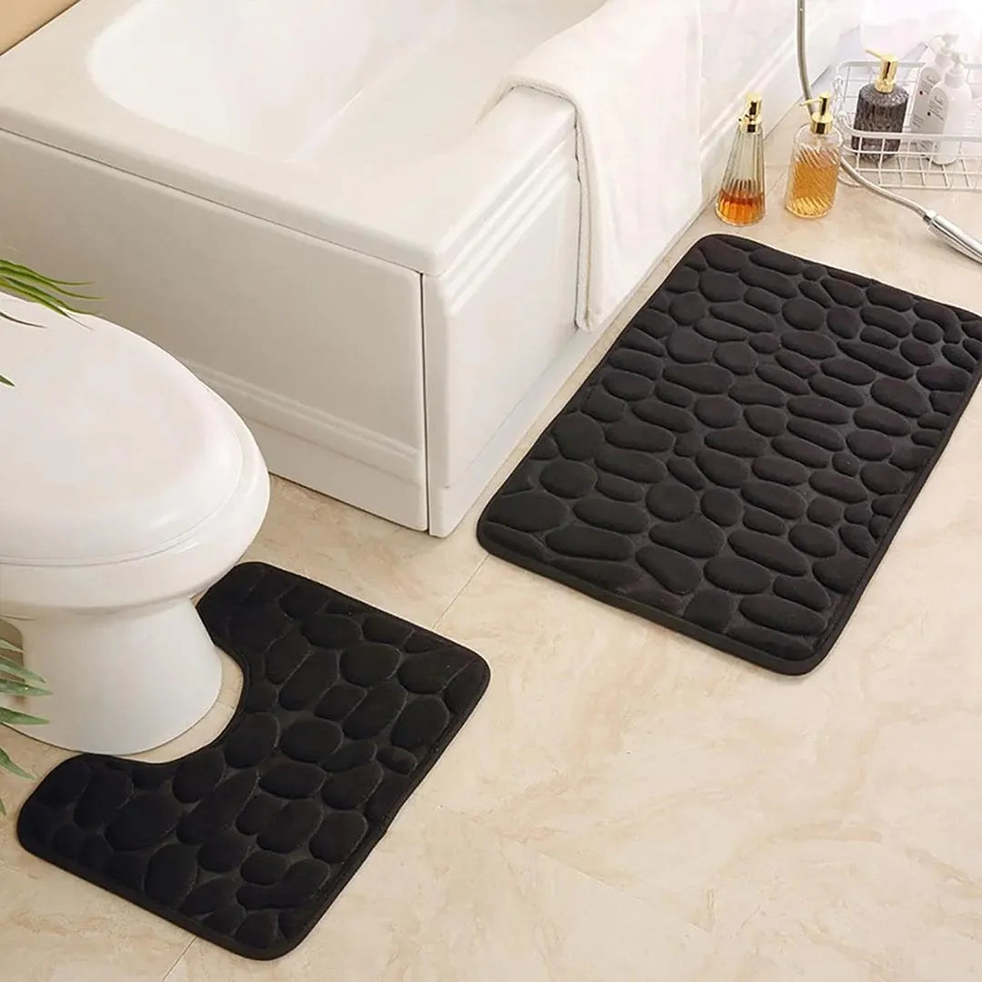 2PC Embossed Stone Pattern Non Slip Bath Mat Set