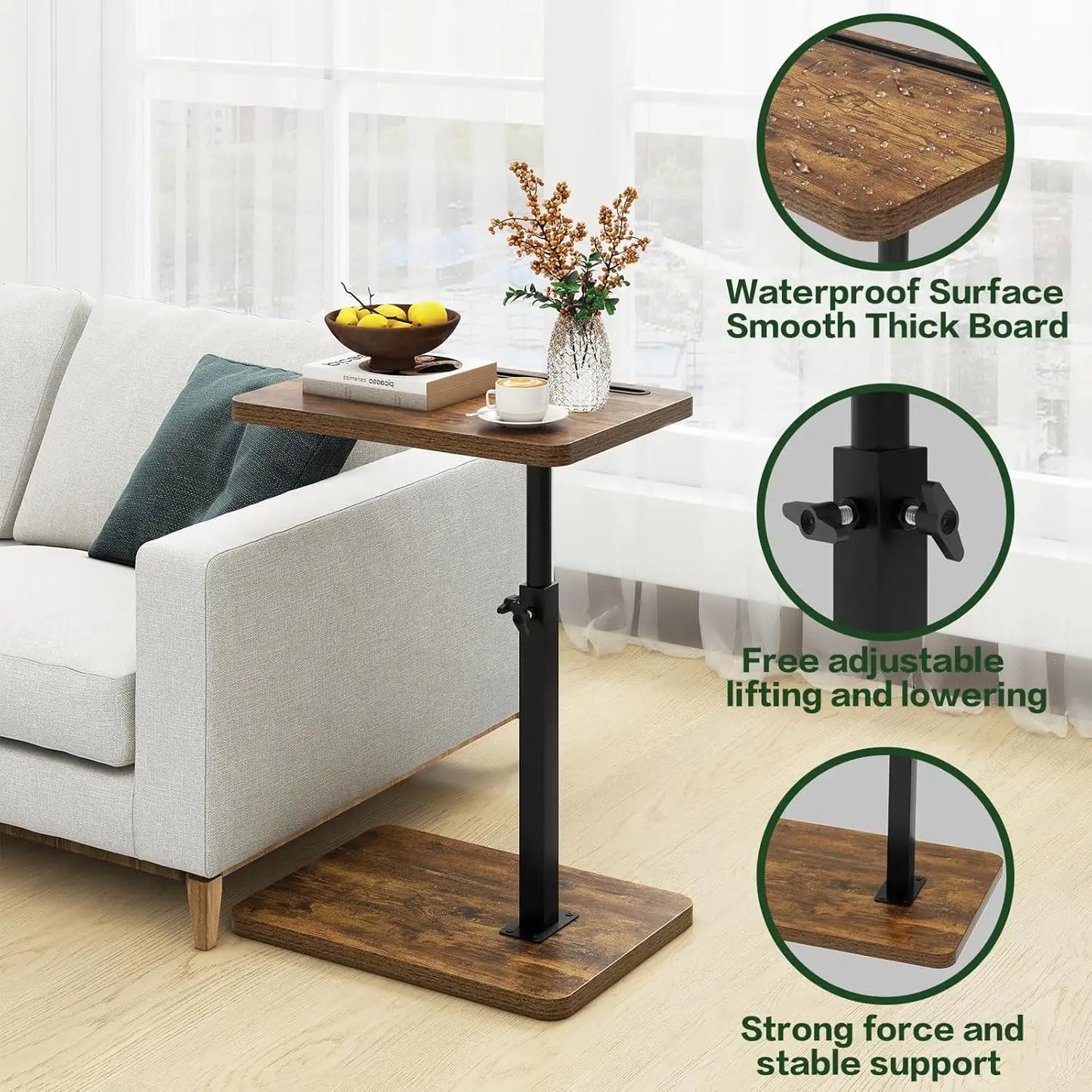 Adjustable C-Shaped Side Table with 360° Swivel Top