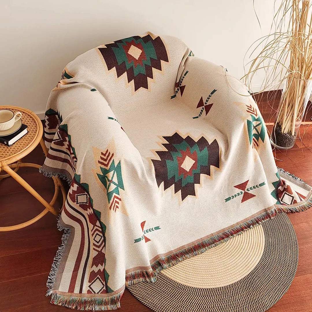 Modern Bohemian Blanket - Reversible Tribal Print Throw with Fringes