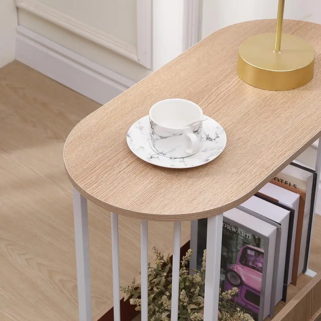 Oval End Table with Storage - Slim Wooden Side Table with Metal Frame