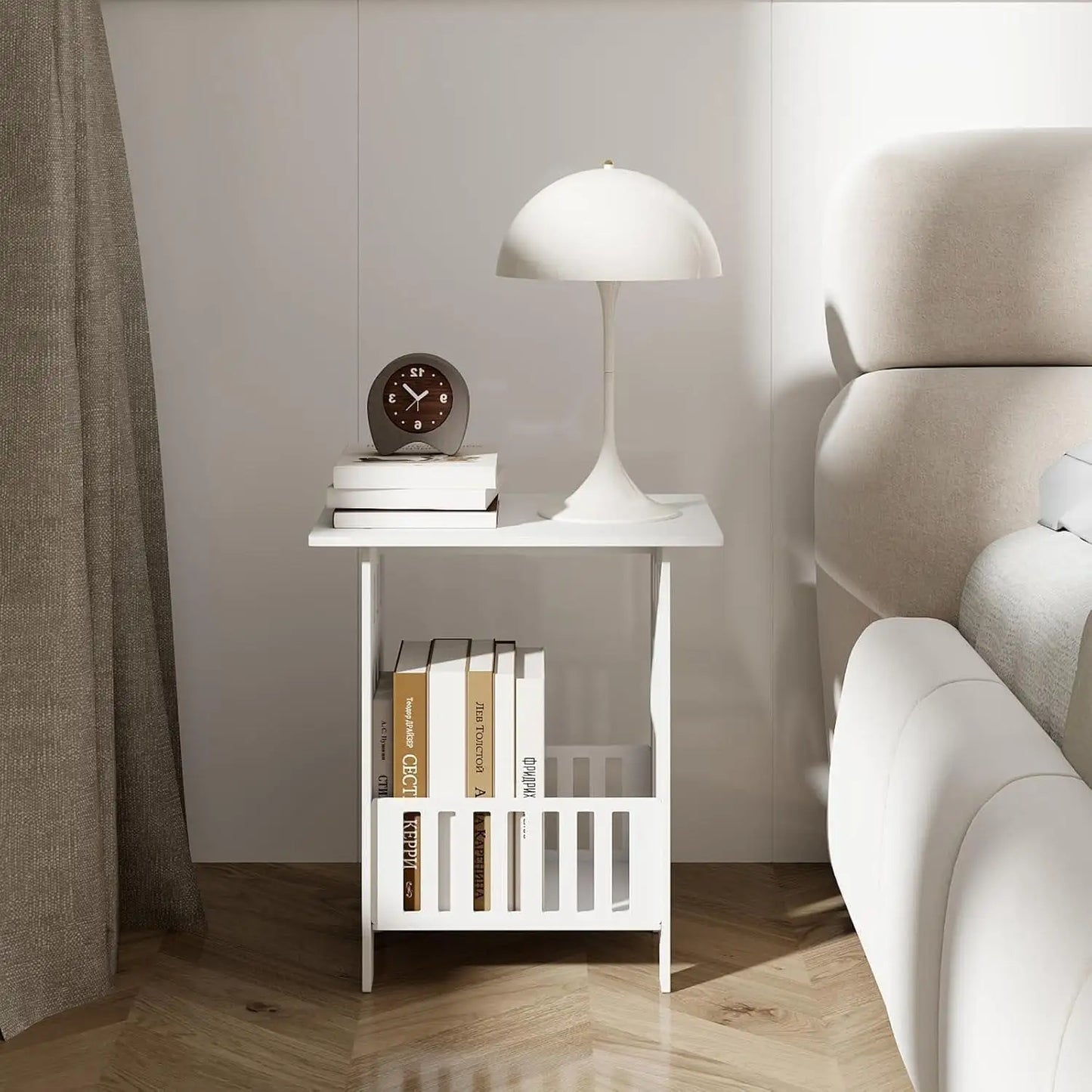 Multifunctional White Side Table - Small Coffee, Bedside & End Table with Storage Rack