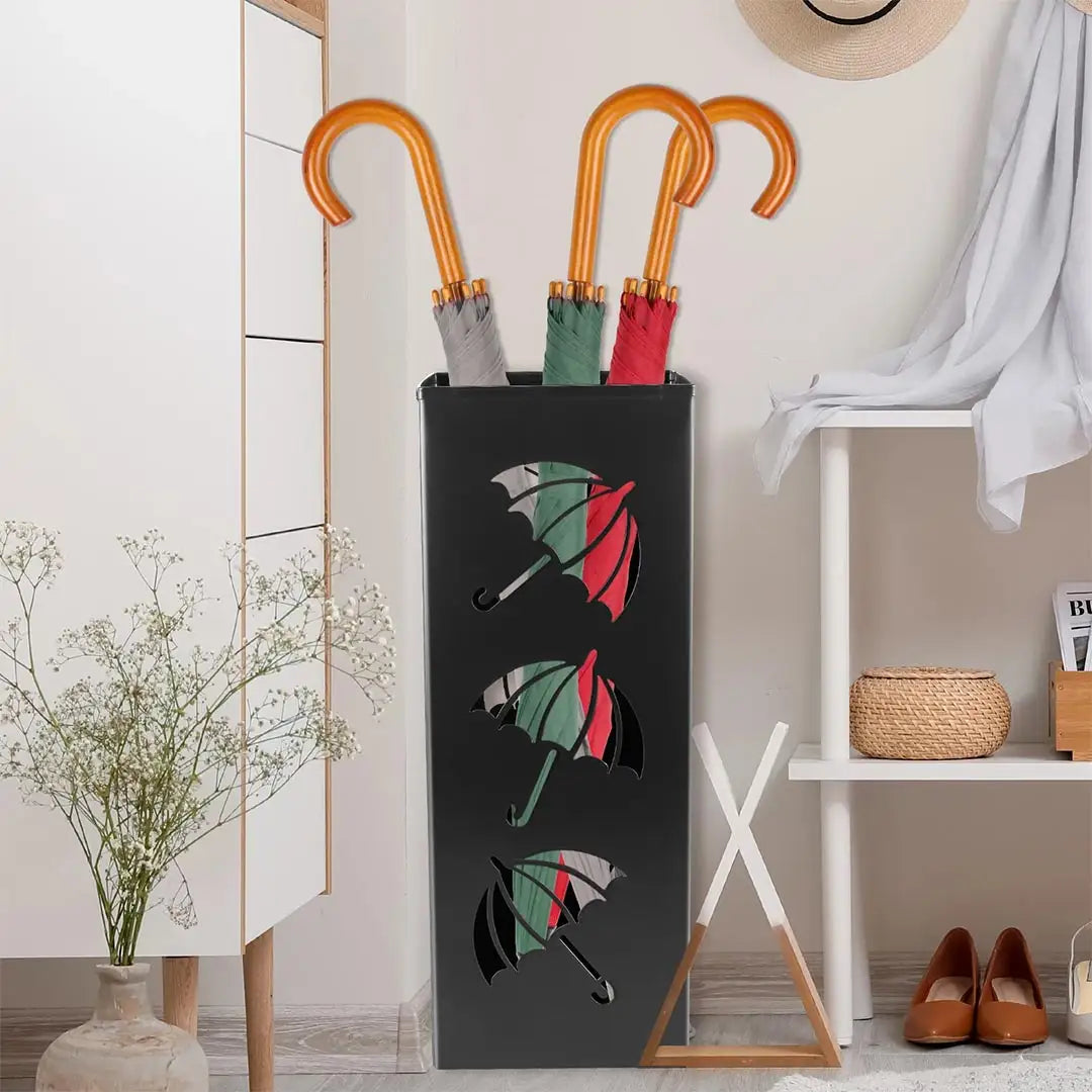 Metal Umbrella Holder Stand - Waterproof Organizer with 4 Hanging Hooks