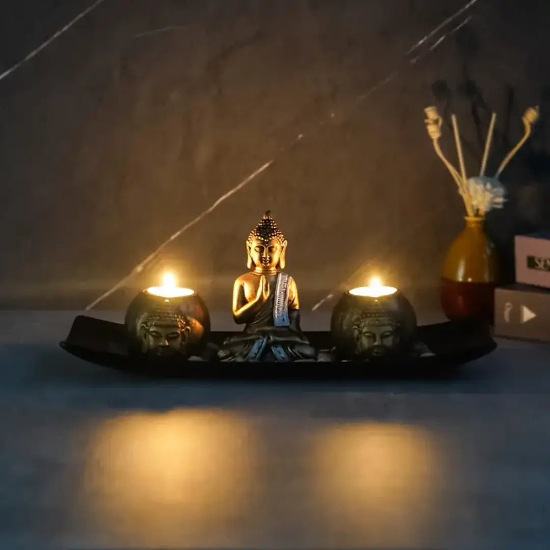 Zen Style Buddha Statue Candle Holder Tray - Polished Wooden Finish