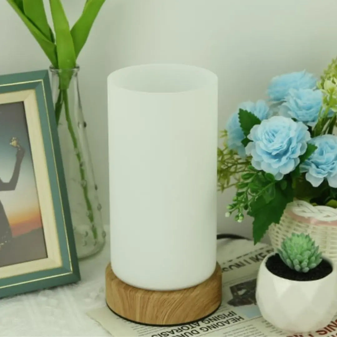 Warm Glass Bedside Lamp - 3-Way Dimmable with Wooden Base