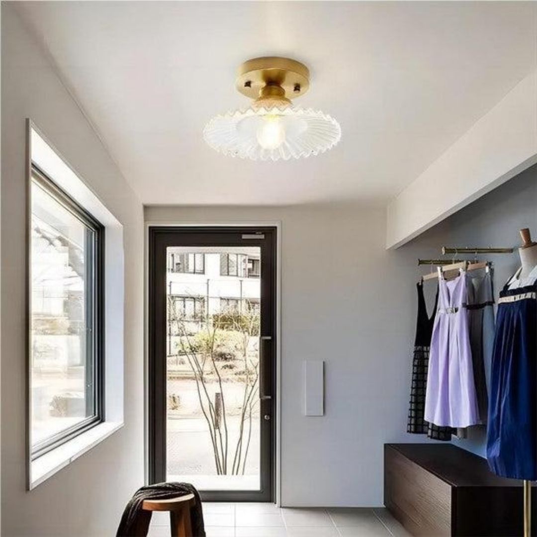 Vintage Petal Ceiling Light - Clear Ribbed Glass Elegance with Luxe Brass Finish