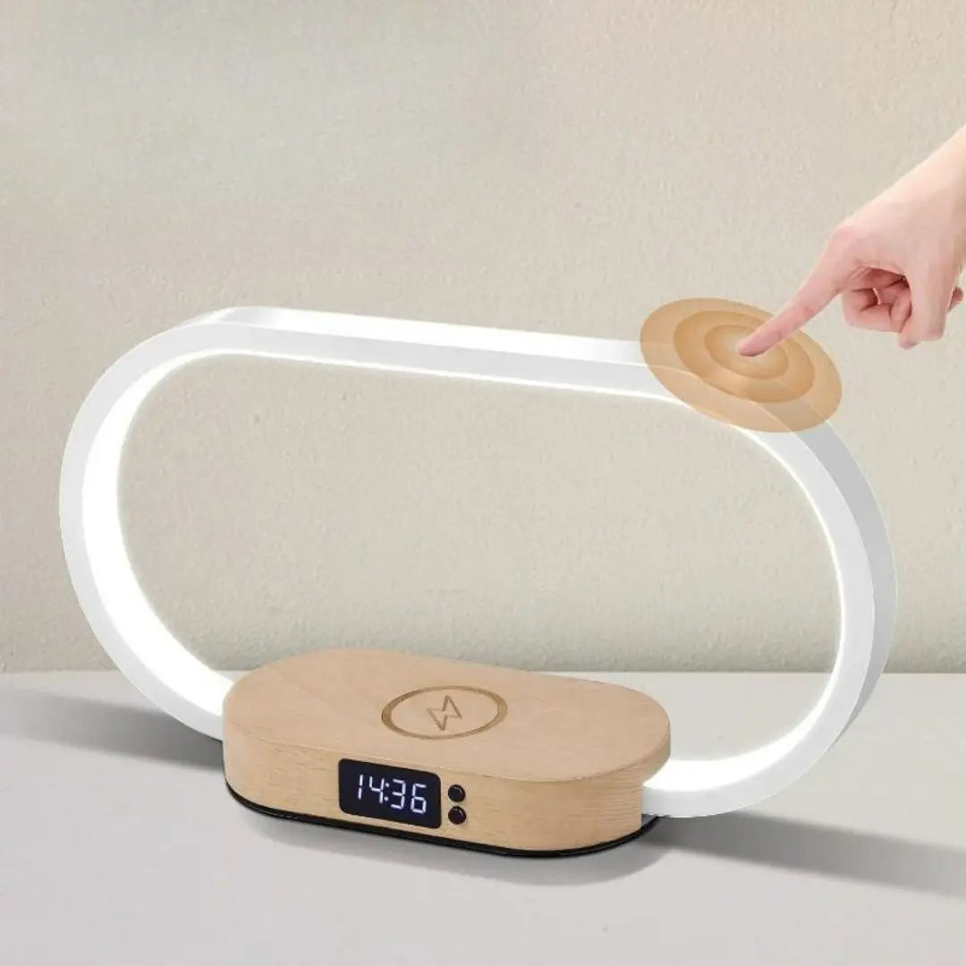 White Wooden Bedside Lamp - Wireless Charger USB Port and Clock with 3-Mode Dimming