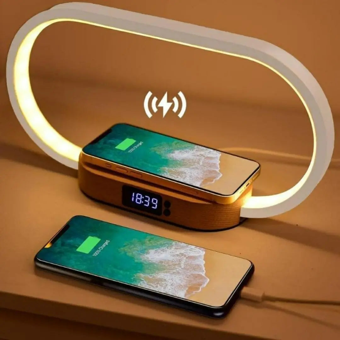 White Wooden Bedside Lamp - Wireless Charger USB Port and Clock with 3-Mode Dimming