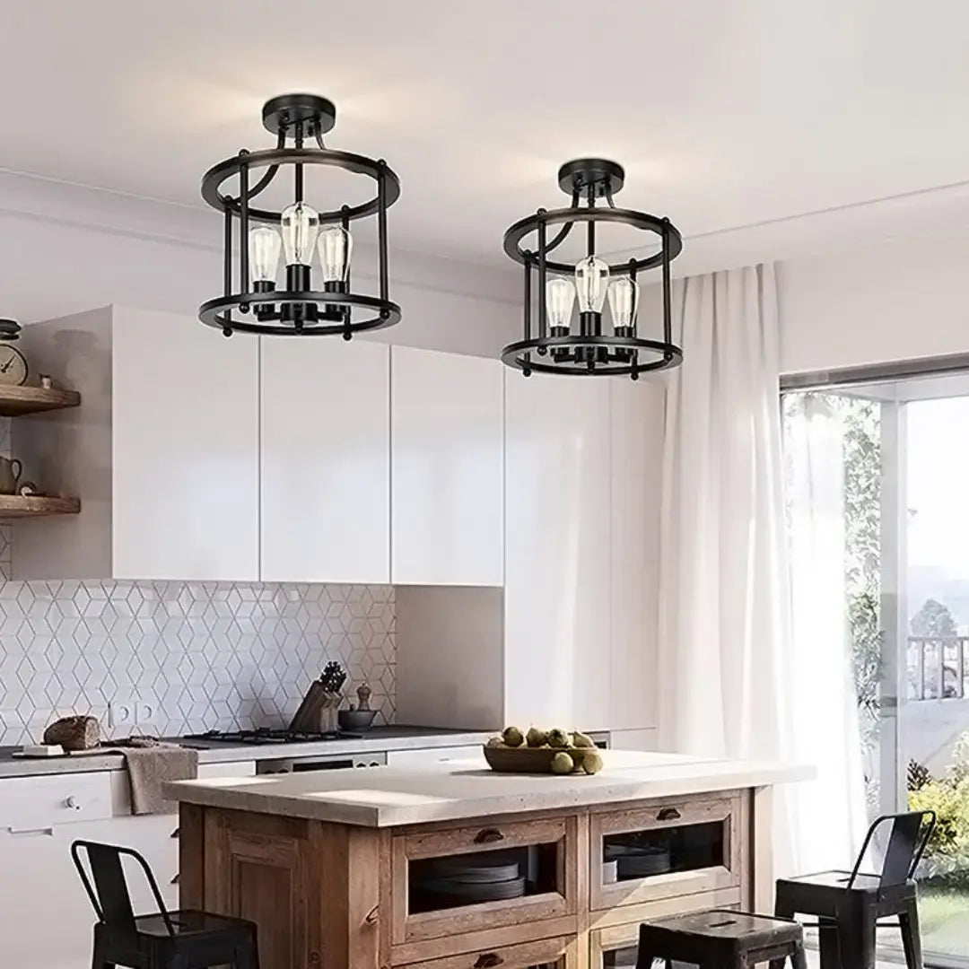 Norvia 3-Light Iron Flush Mount Ceiling Light - Industrial Farmhouse Open Cage Chandelier