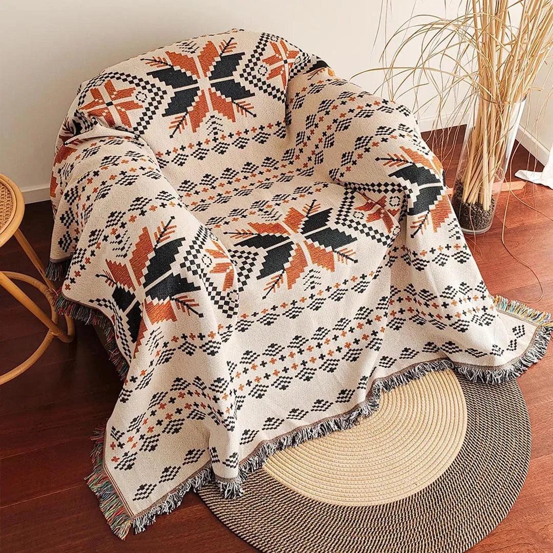 Modern Bohemian Blanket - Reversible Tribal Print Throw with Fringes