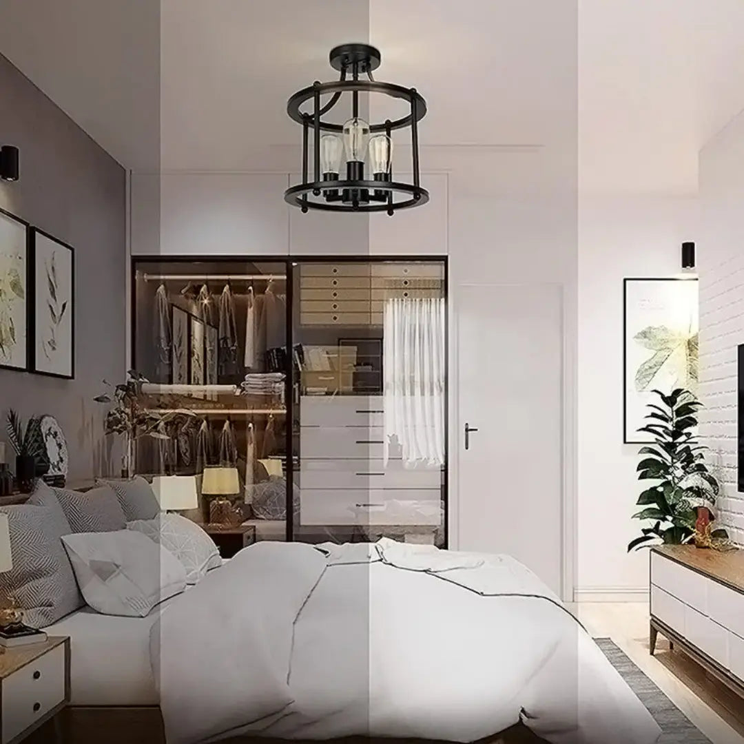 Norvia 3-Light Iron Flush Mount Ceiling Light - Industrial Farmhouse Open Cage Chandelier