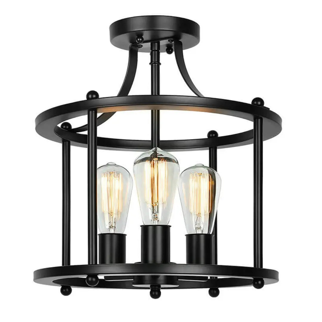 Norvia 3-Light Iron Flush Mount Ceiling Light - Industrial Farmhouse Open Cage Chandelier
