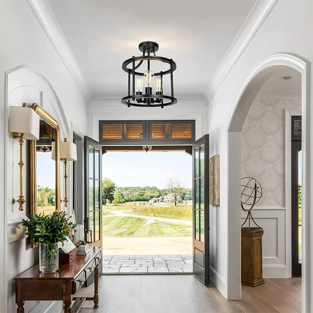 Norvia 3-Light Iron Flush Mount Ceiling Light - Industrial Farmhouse Open Cage Chandelier