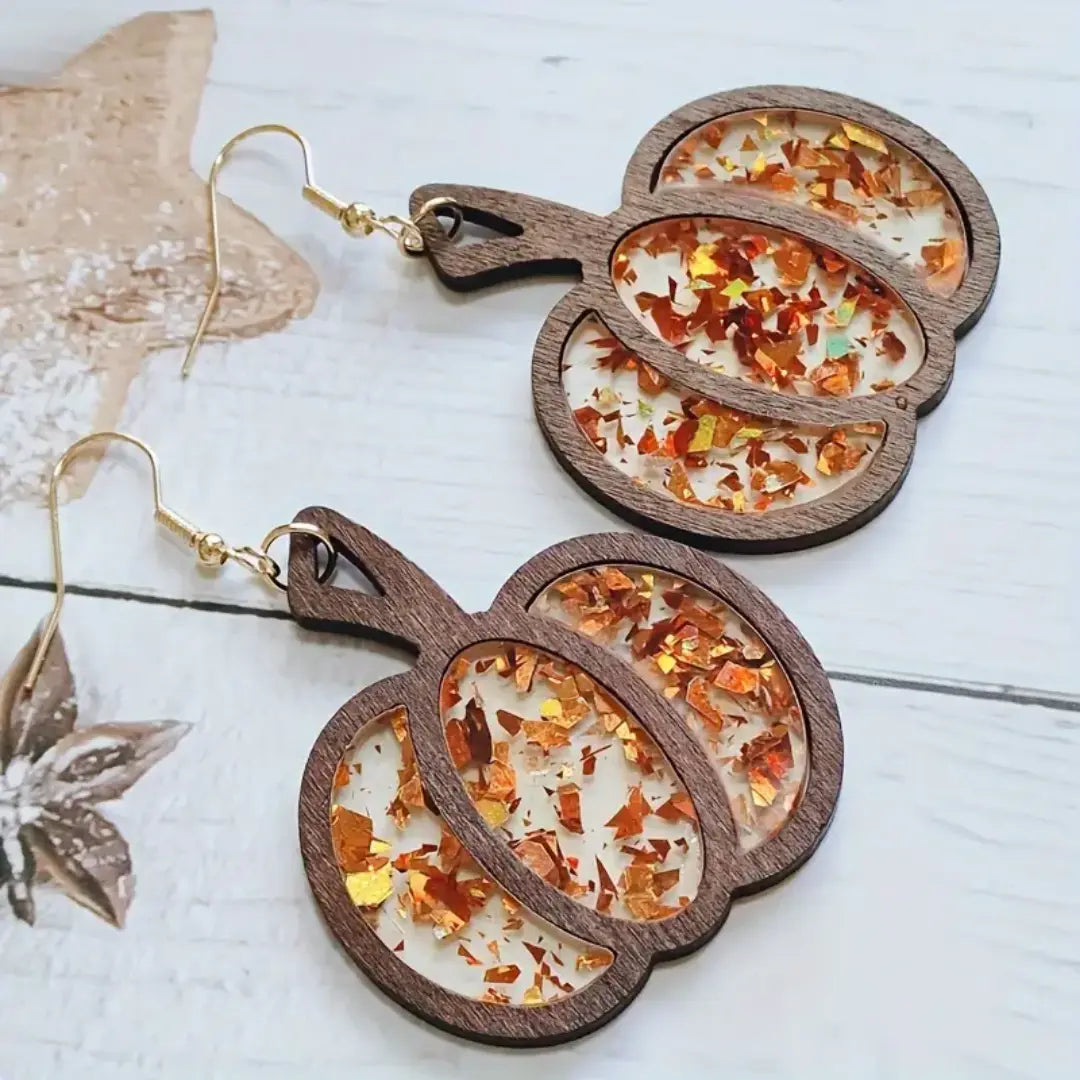 Orange Wooden Pumpkin Drop Earrings - Autumn & Halloween Jewelry