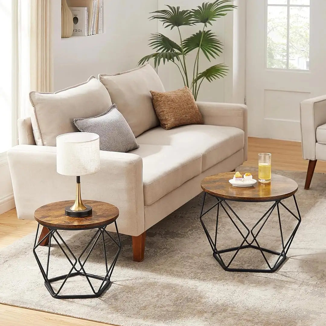 Set of 2 Coffee Tables - Industrial Round Side Tables
