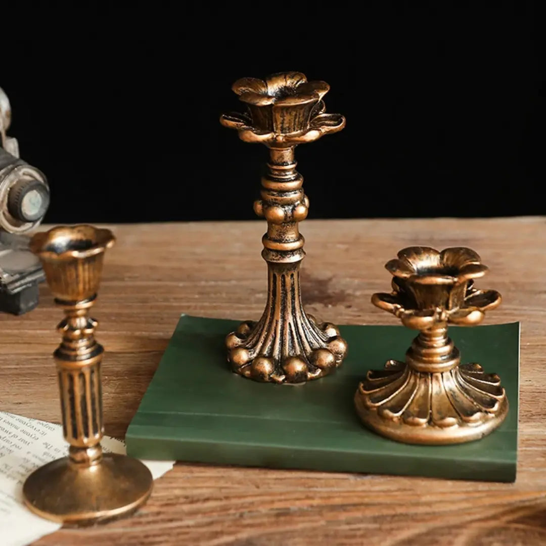 Set of 3 Pcs Vintage Resin Candlestick Holders - Antique Bronze Taper Candle Stands