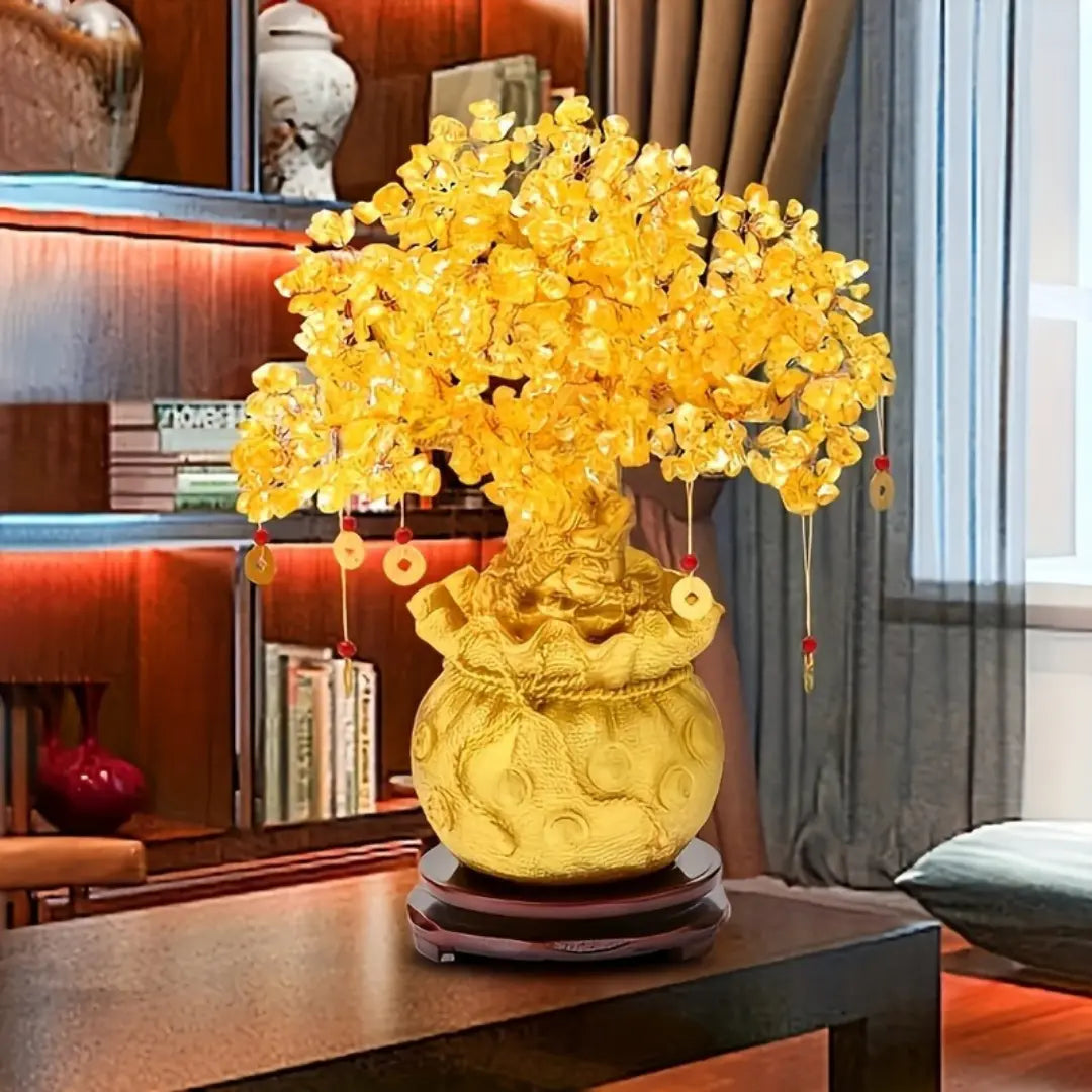 Resin Money Tree with Natural Crystal Leaves - Feng Shui Wealth and Prosperity Charm
