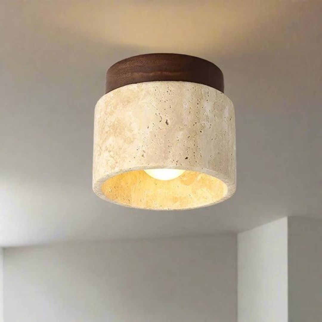 Japanese Cream Ceiling Light - Minimal Wood & Stone Style with Warm Organic Glow