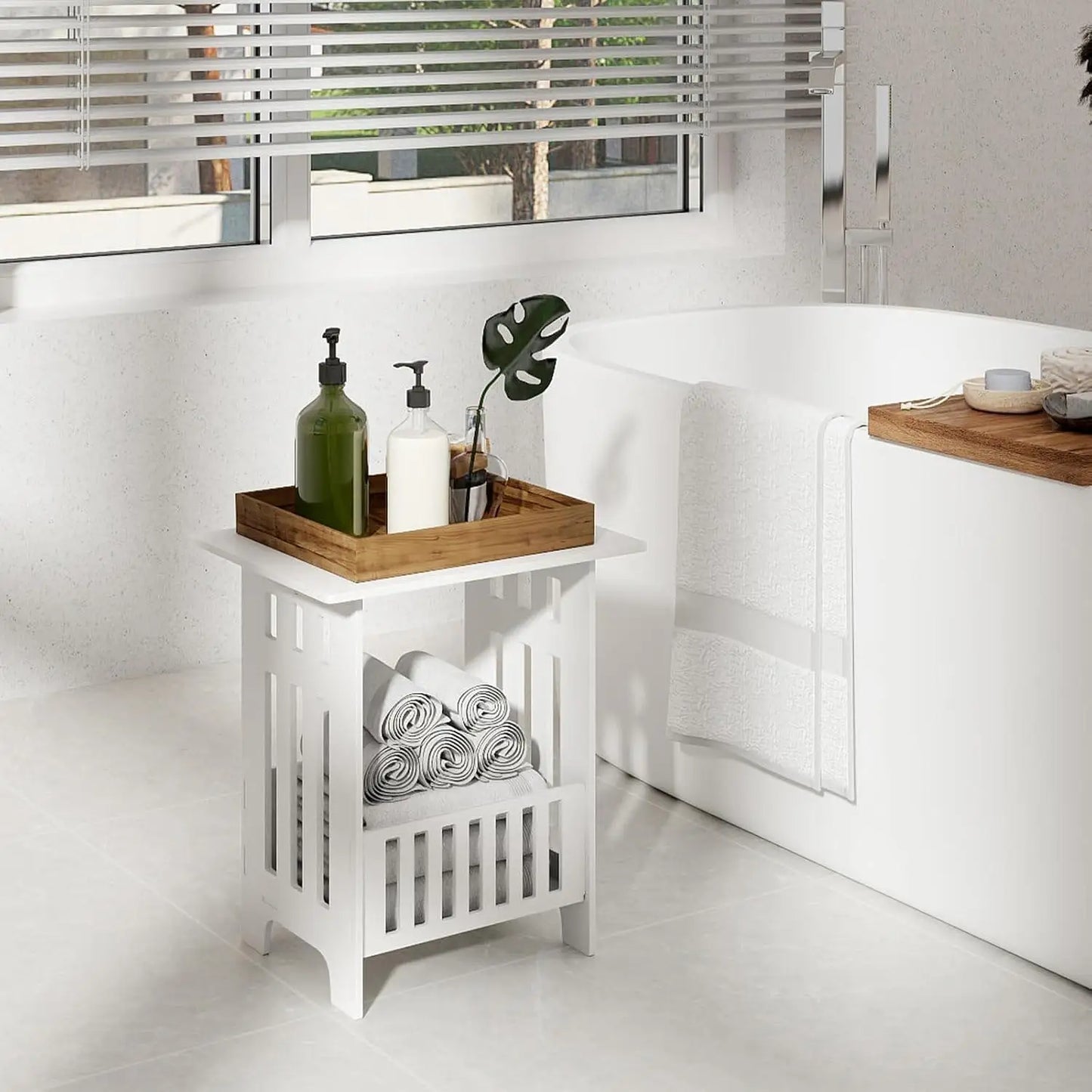 Multifunctional White Side Table - Small Coffee, Bedside & End Table with Storage Rack