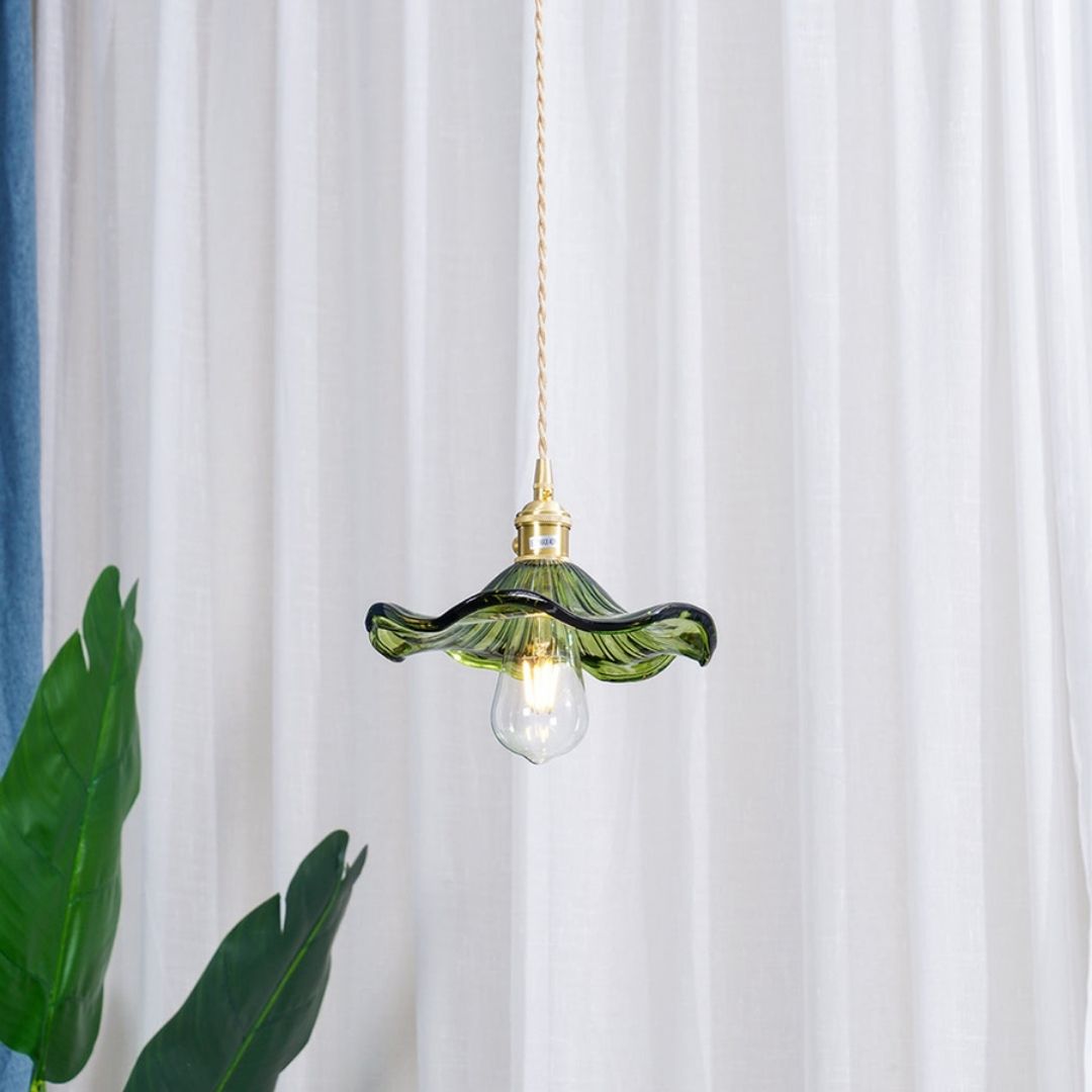 Hibiscus Bloom Glass Pendant - Vintage Floral Ceiling Light in Brass Finish