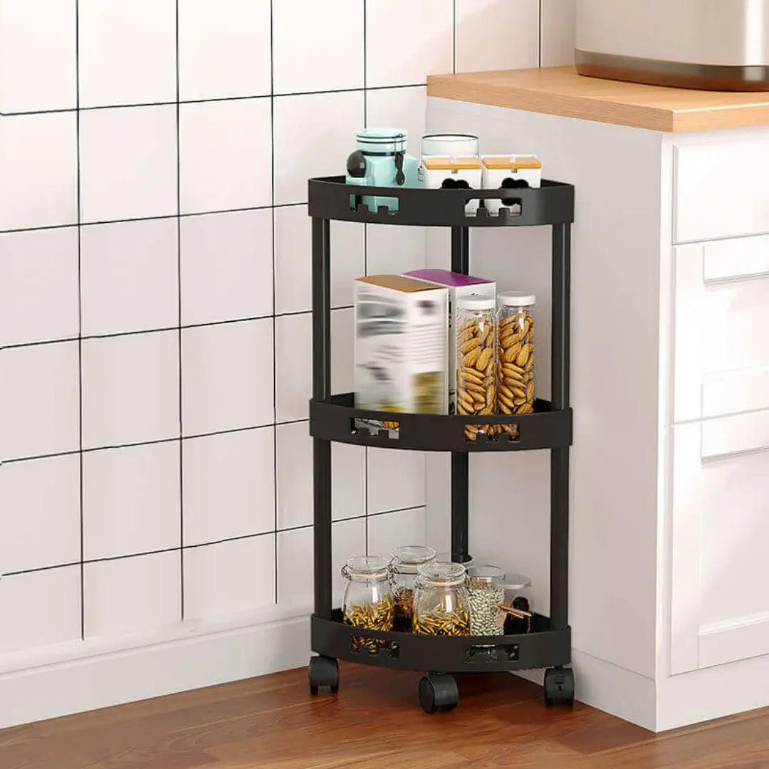 Rivora Bathroom Corner Shelf with Wheels - Space-Saving Storage Rack with Guardrails and Hooks