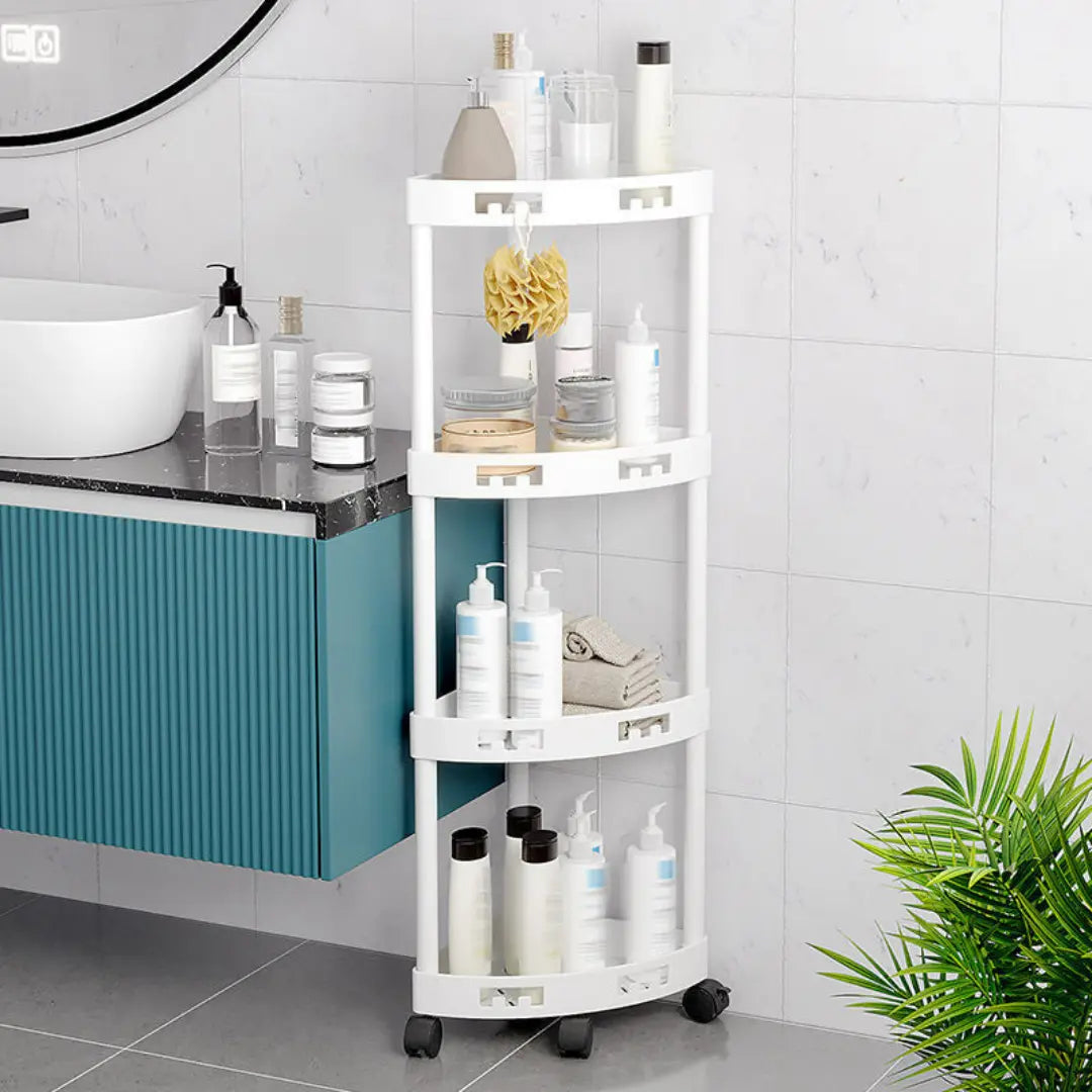 Rivora Bathroom Corner Shelf with Wheels - Space-Saving Storage Rack with Guardrails and Hooks