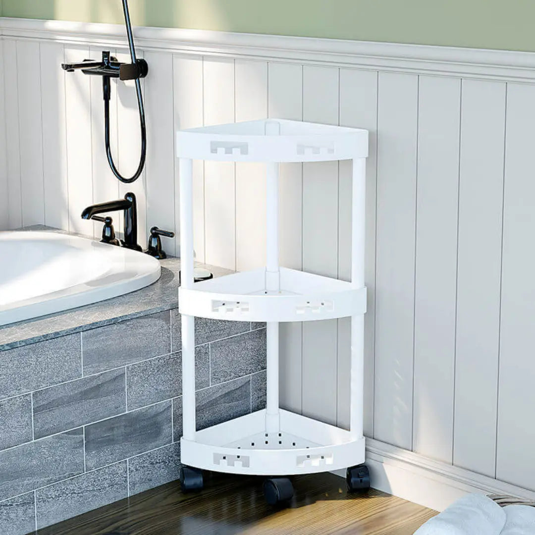 Rivora Bathroom Corner Shelf with Wheels - Space-Saving Storage Rack with Guardrails and Hooks