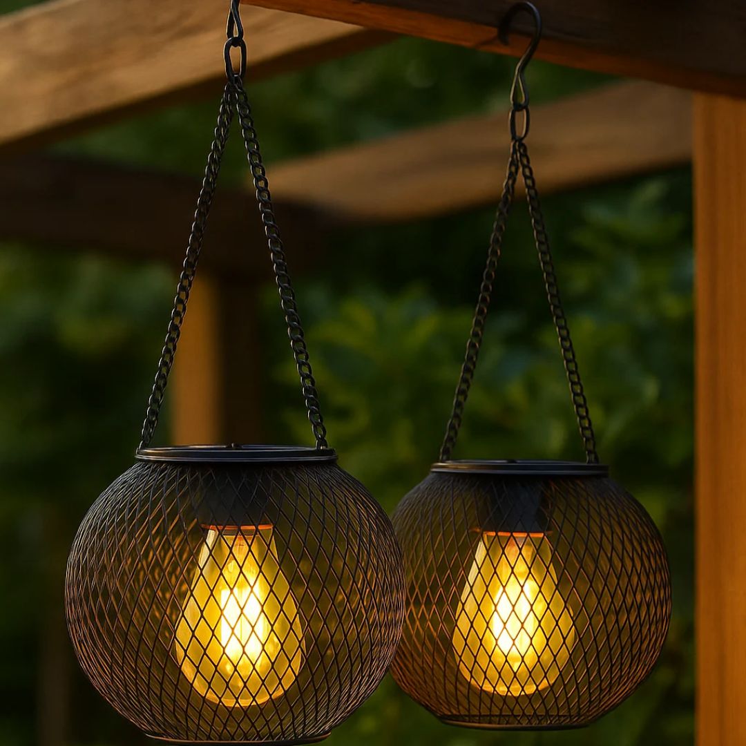 Outdoor Metal Mesh Lanterns - Solar Hanging Garden Lights with Warm LED Glow