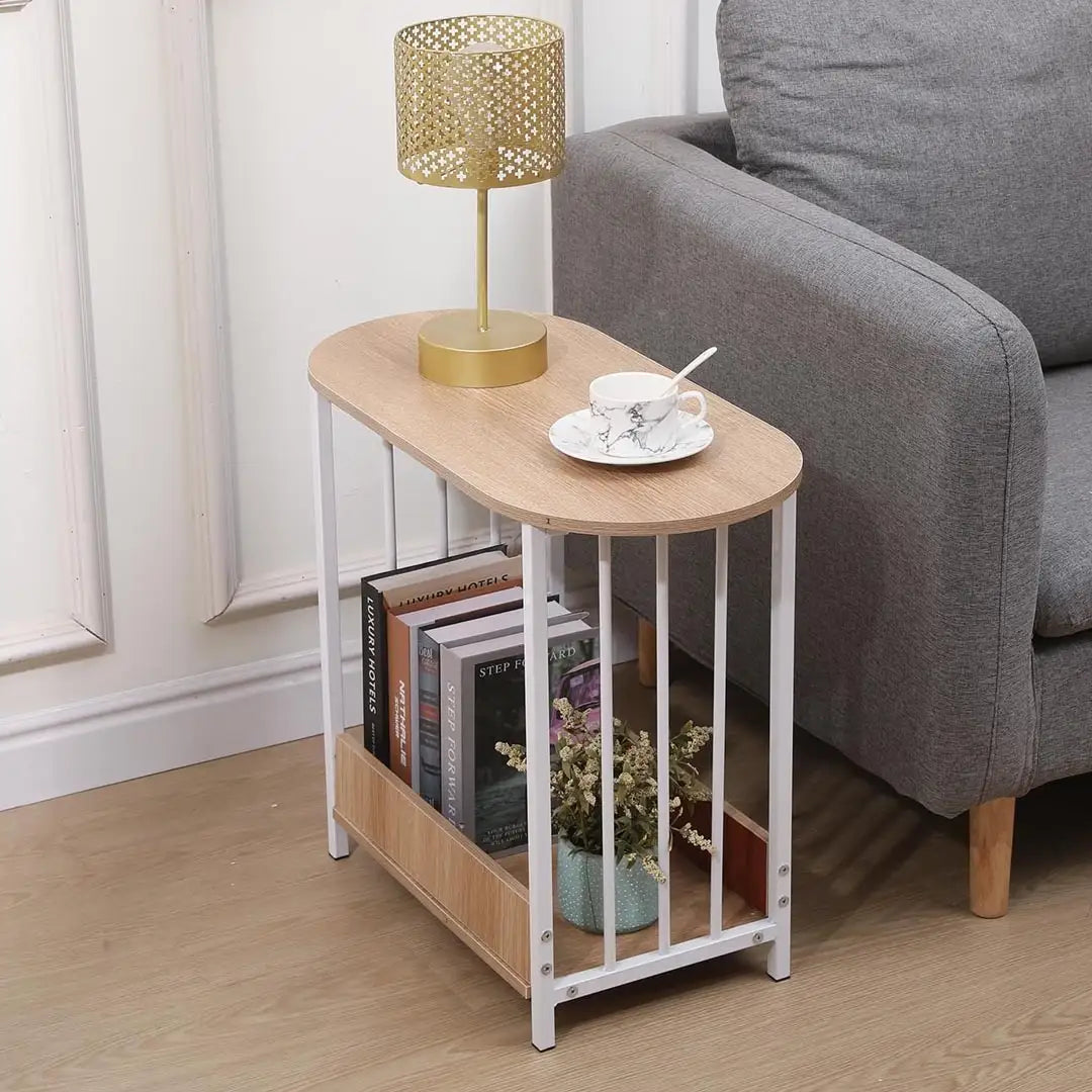 Oval End Table with Storage - Slim Wooden Side Table with Metal Frame