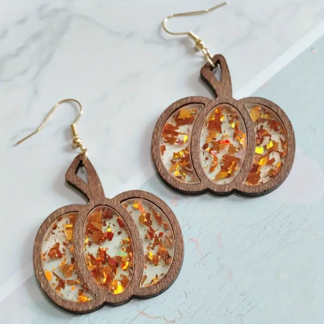 Orange Wooden Pumpkin Drop Earrings - Autumn & Halloween Jewelry