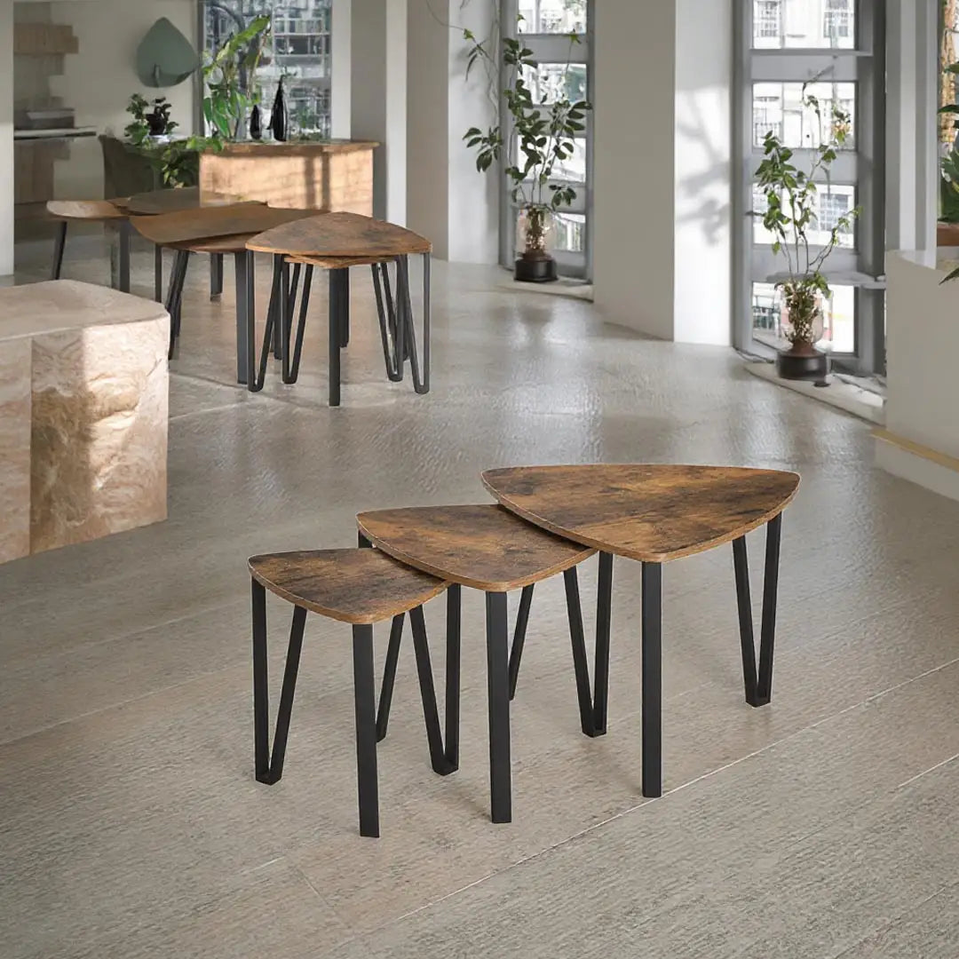 Space Saving Nesting Coffee Table Set of 3 - Rustic Wood and Black Metal Frame