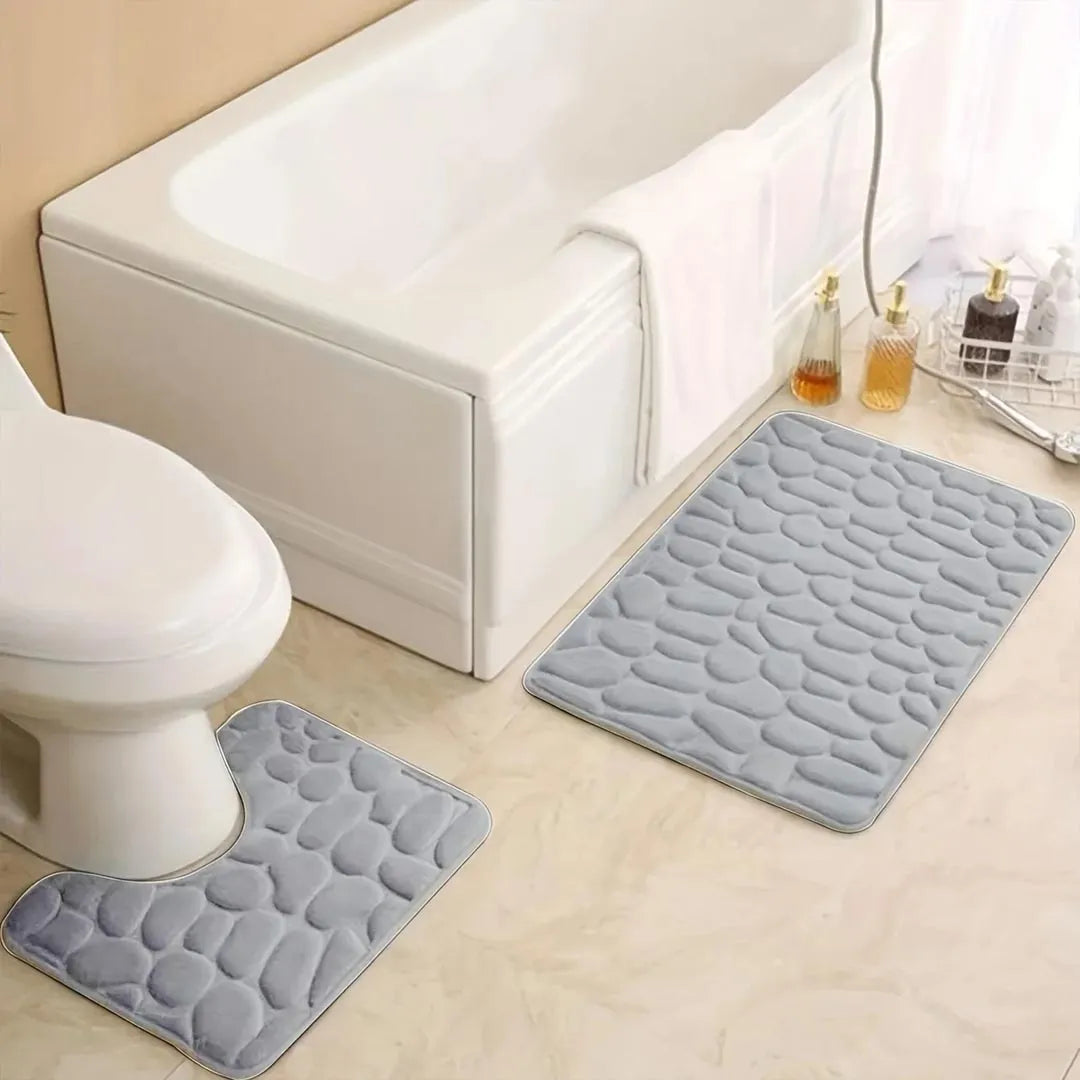 2PC Embossed Stone Pattern Non Slip Bath Mat Set