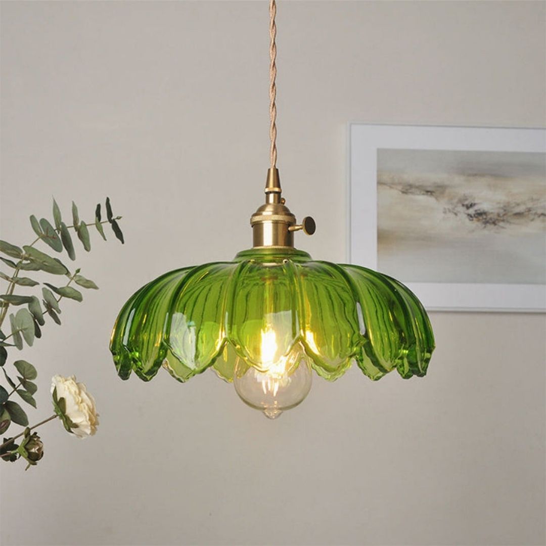 Vintage Floral Hanging Lamp - Glazed Glass Pendant with Elegant Copper Accents