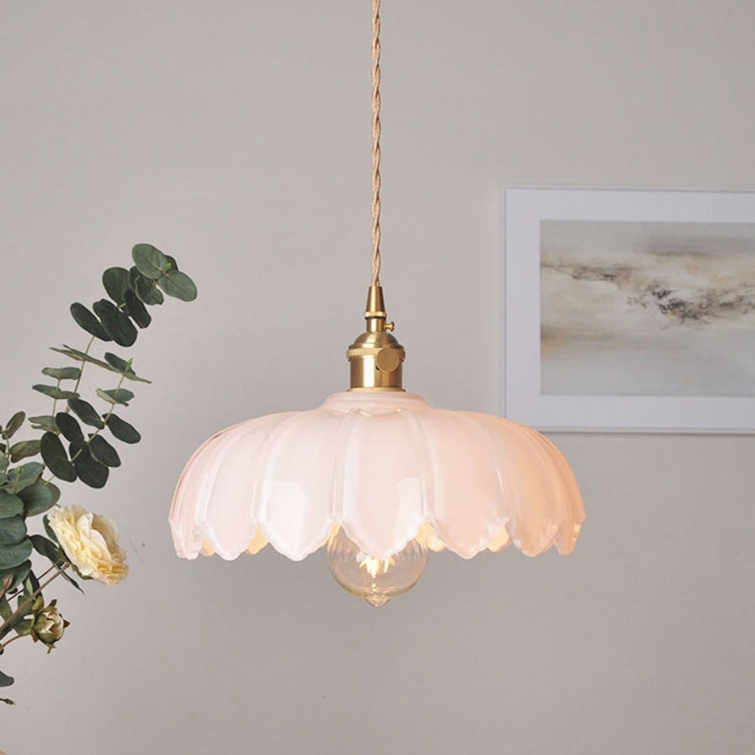 Vintage Floral Hanging Lamp - Glazed Glass Pendant with Elegant Copper Accents