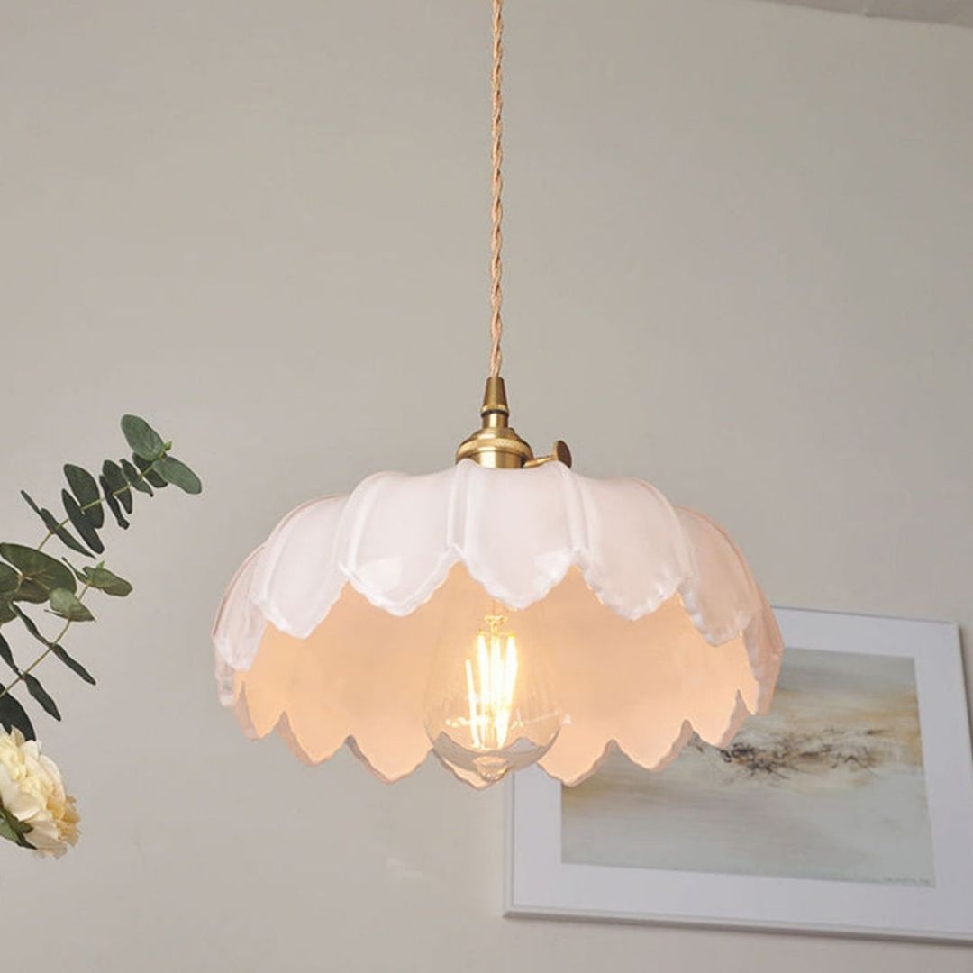 Vintage Floral Hanging Lamp - Glazed Glass Pendant with Elegant Copper Accents