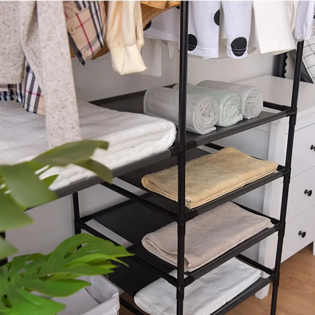 Double Row Clothes Rack with Shoe Shelf & Rotating Hooks