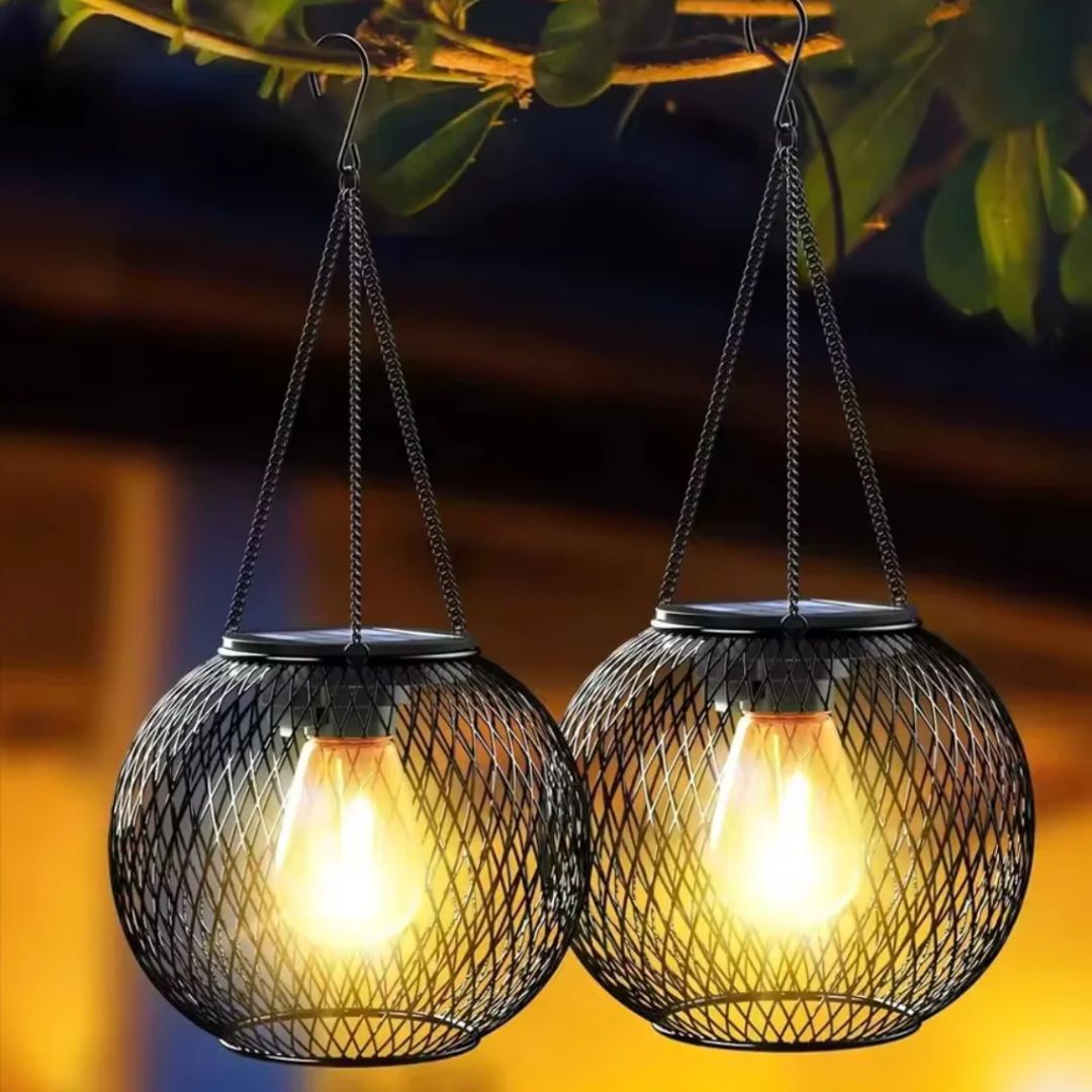 Outdoor Metal Mesh Lanterns - Solar Hanging Garden Lights with Warm LED Glow