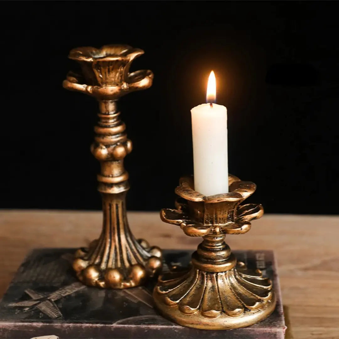 Set of 3 Pcs Vintage Resin Candlestick Holders - Antique Bronze Taper Candle Stands