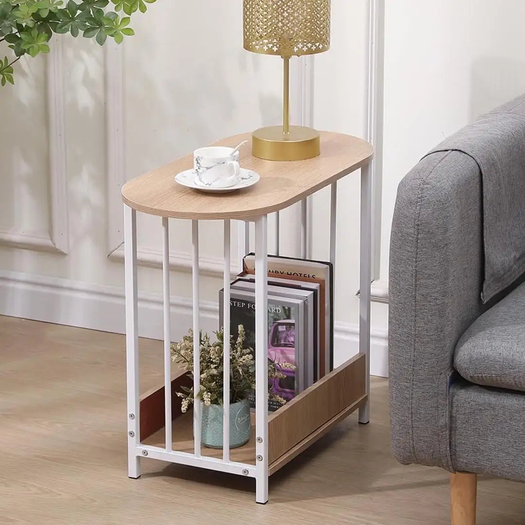 Oval End Table with Storage - Slim Wooden Side Table with Metal Frame